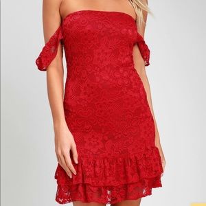 NWOT Lulu’s Red Lace Off-the-Shoulder Dress